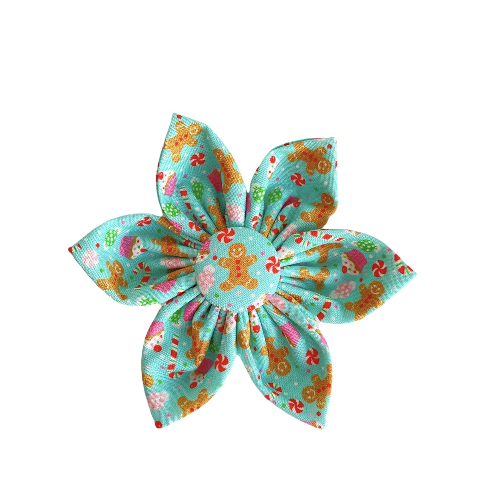 Gingerbread Dog Collar Flower. Gingerbread Dog Collar Accessory by Duke & Fox. Custom Dog Collar Flower with teal background and brown gingerbread men.