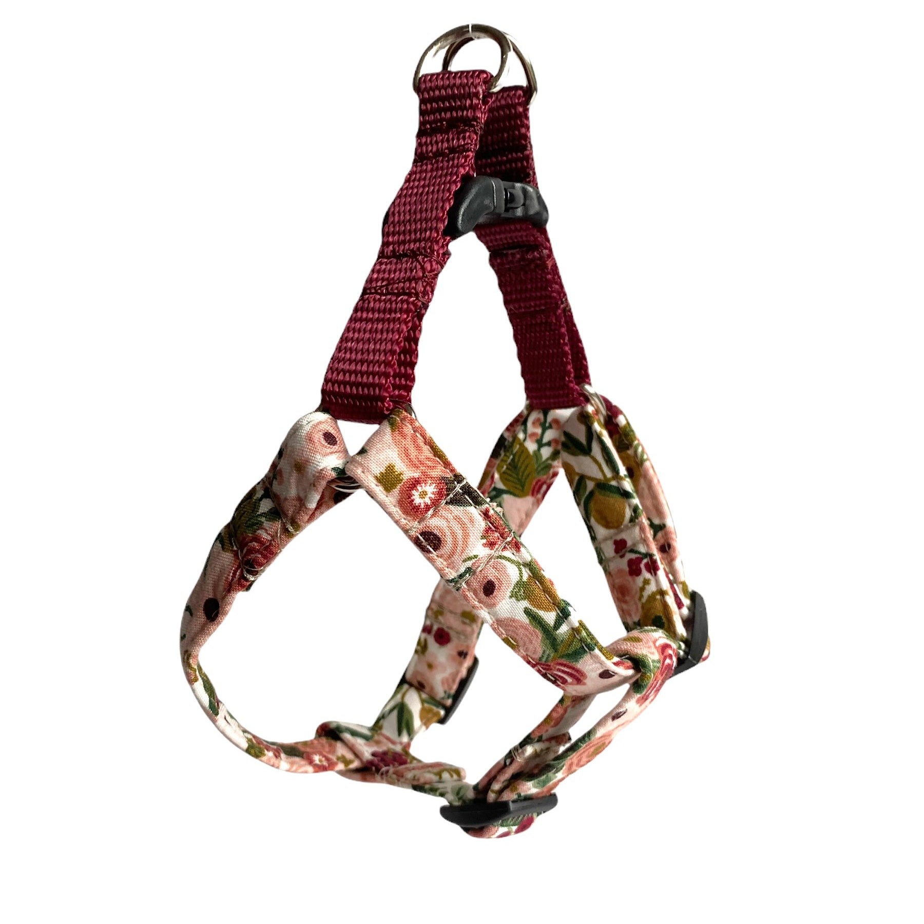 Custom Dog Collar Harness by Duke & Fox. Step in harness in a pink and burgundy floral pattern.