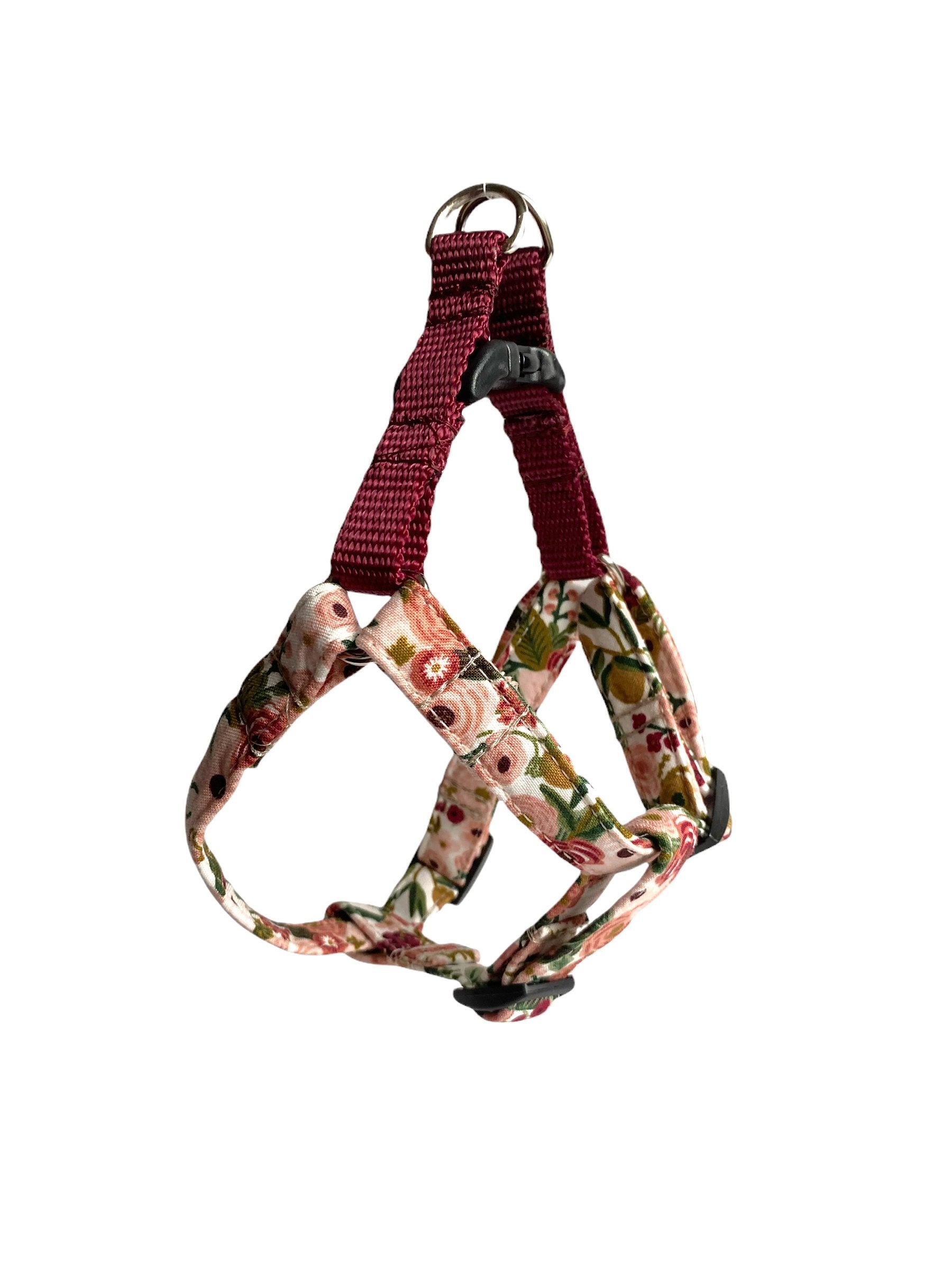 Custom Dog Collar Harness by Duke & Fox. Step in harness in a pink and burgundy floral pattern.