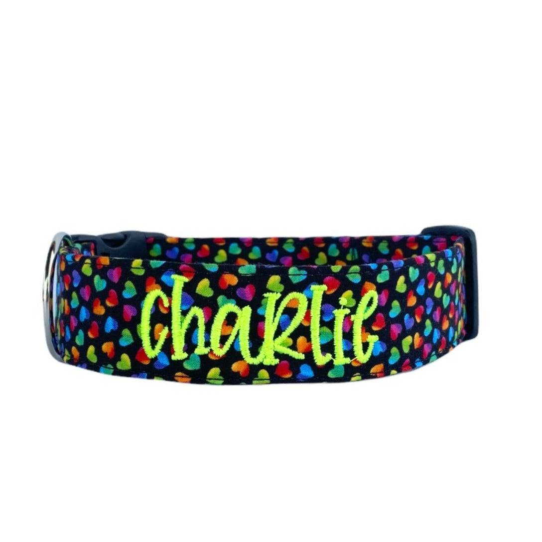 Rainbow Heart Dog Collar by Duke & Fox. Personalized dog collar by duke and fox. Embroidered Dog Collar with name and phone number.