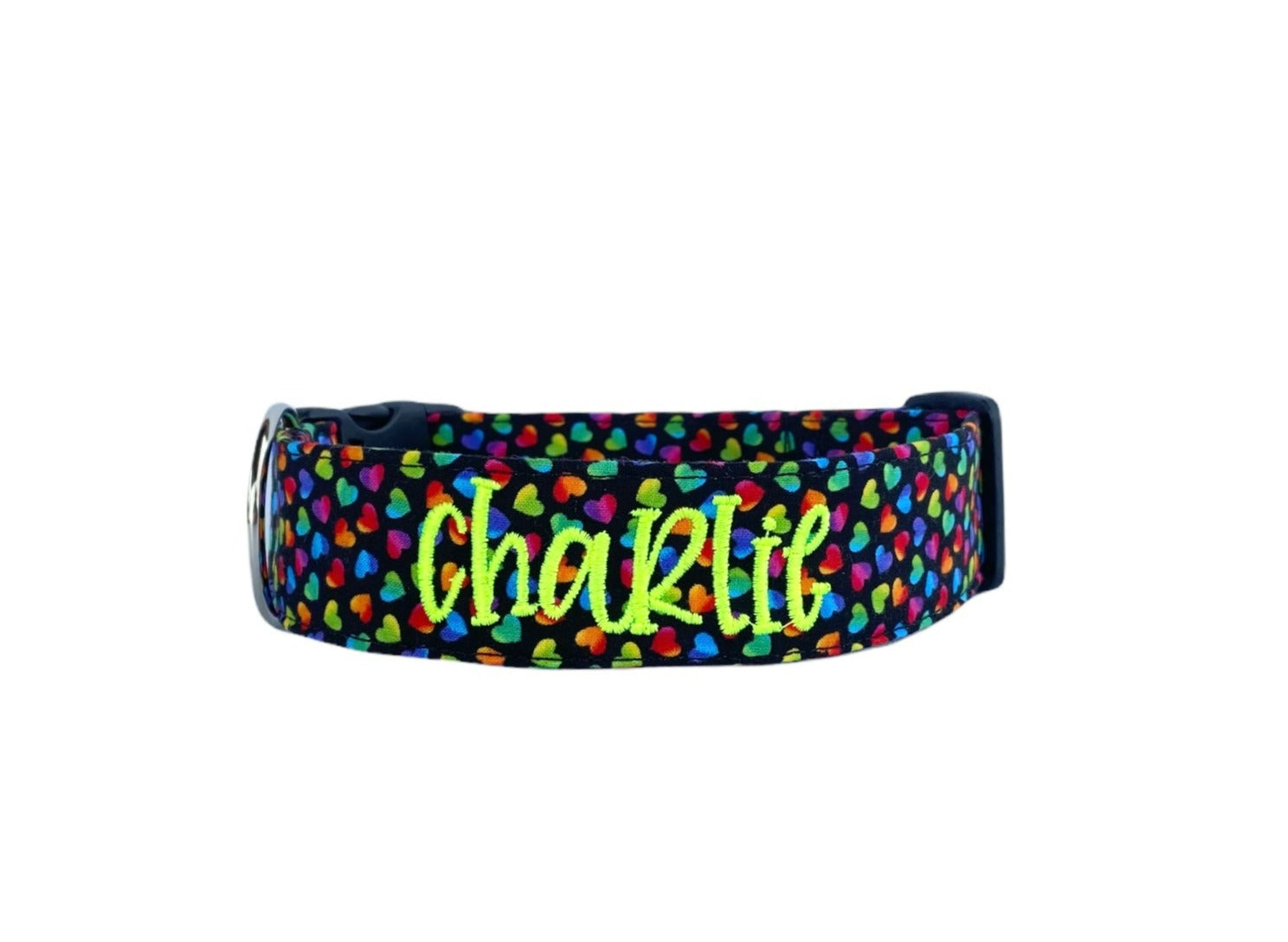 Rainbow Heart Dog Collar by Duke & Fox. Personalized dog collar by duke and fox. Embroidered Dog Collar with name and phone number.