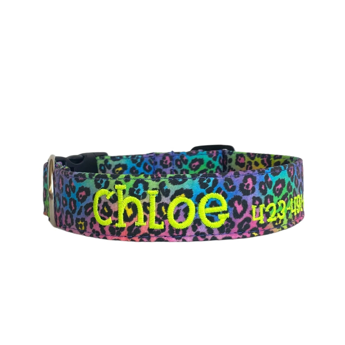 Leopard Dog Collar. Rainbow leopard dog collar. Embroidered Dog Collar by Duke & Fox. Rainbow leopard dog collar with neon yellow thread.