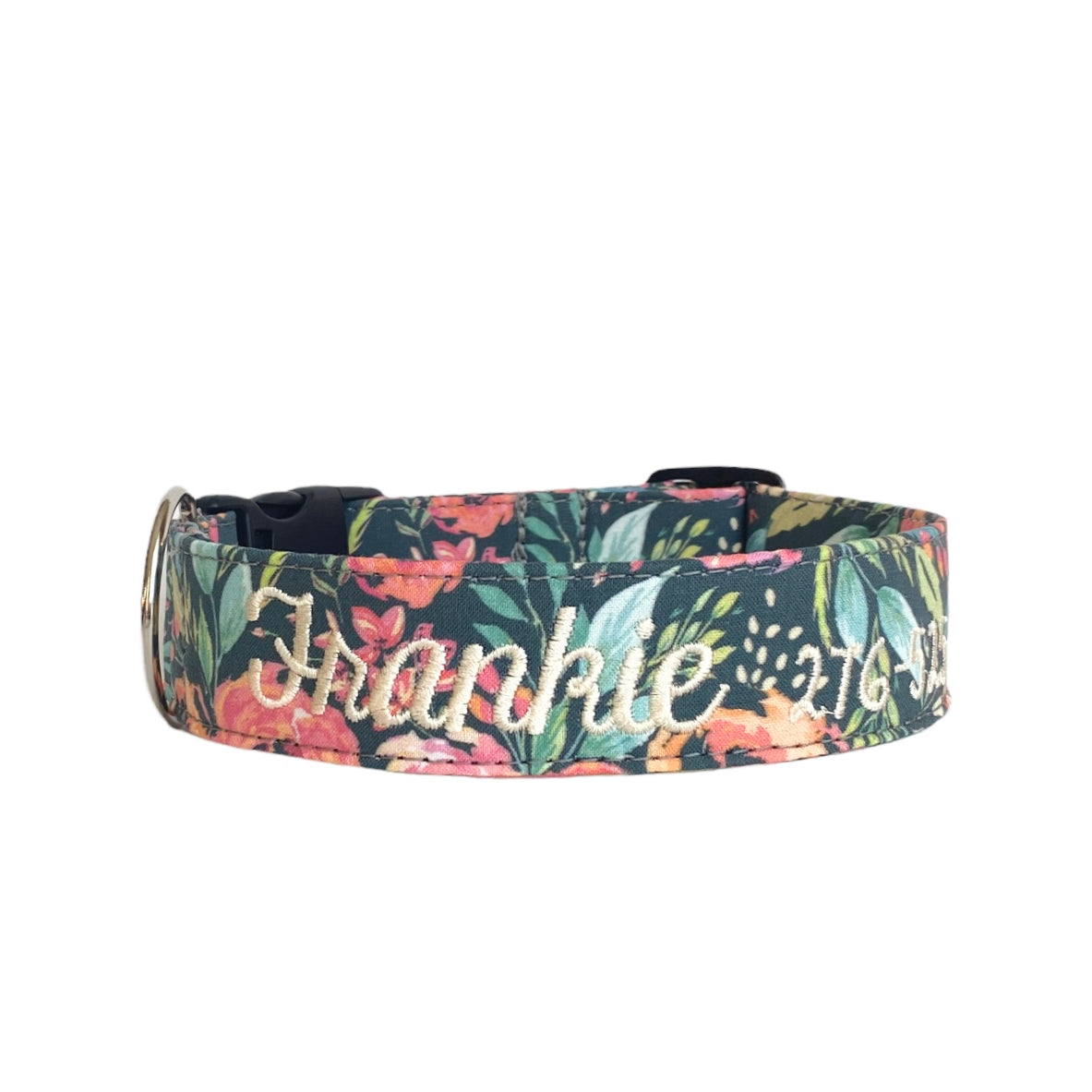 Embroidered Dog Collar by Duke & Fox. Coral and green dog collar with embroidered name and phone number.