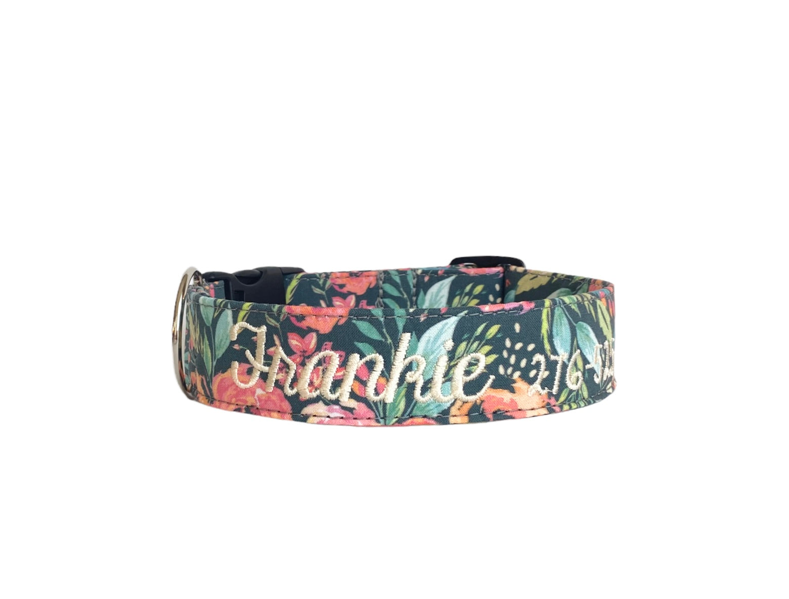Embroidered Dog Collar by Duke & Fox. Coral and green dog collar with embroidered name and phone number.