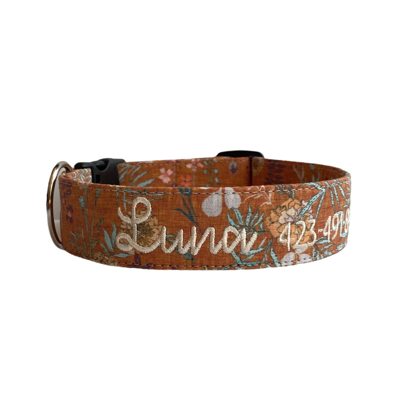 Fall Dog Collar by Duke & Fox. Embroidered Dog Collar in a rustic floral pattern with cream embroidred name and phone number.