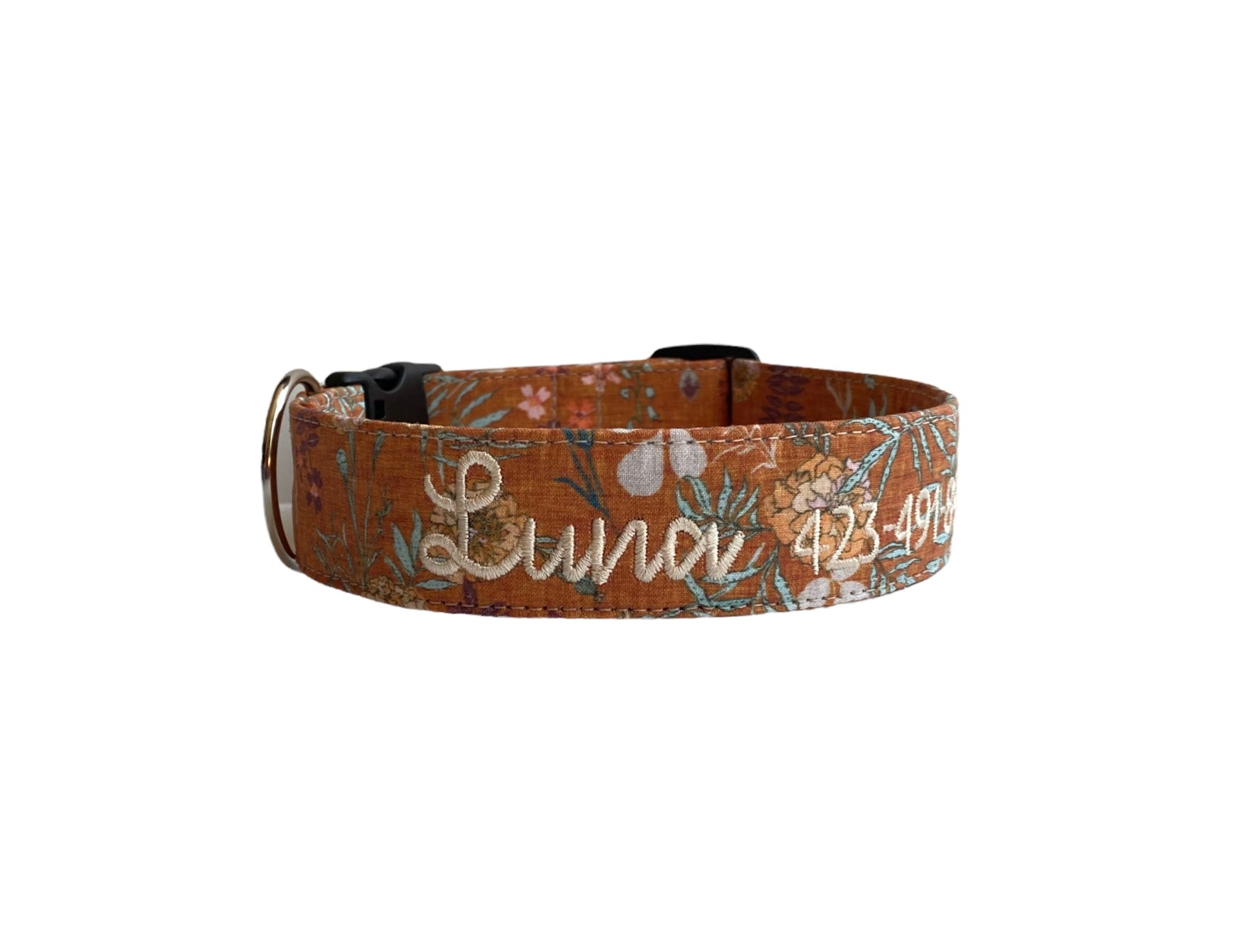 Fall Dog Collar by Duke & Fox. Embroidered Dog Collar in a rustic floral pattern with cream embroidred name and phone number.
