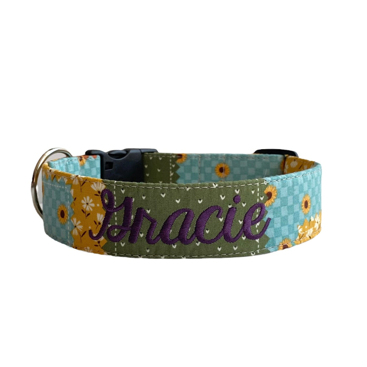 Patchwork Dog Collar with fall patterns by duke and fox. Embroidered Fall Dog Collar with sunflowers and an embroidred name in plum thread.