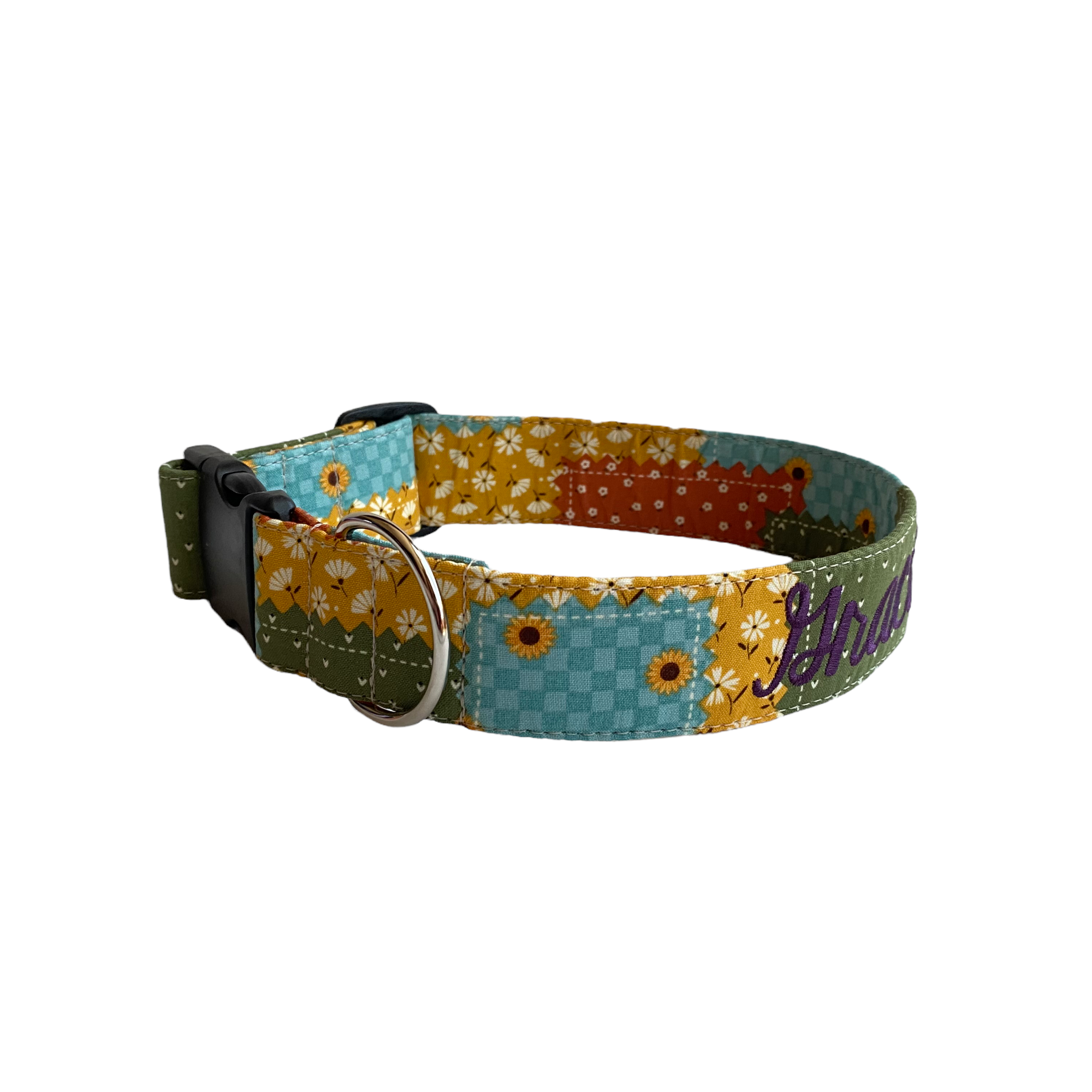 Patchwork Dog Collar with fall patterns by duke and fox. Embroidered Fall Dog Collar with sunflowers and an embroidred name in plum thread.