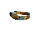 Patchwork Dog Collar with fall patterns by duke and fox. Embroidered Fall Dog Collar with sunflowers and an embroidred name in plum thread.