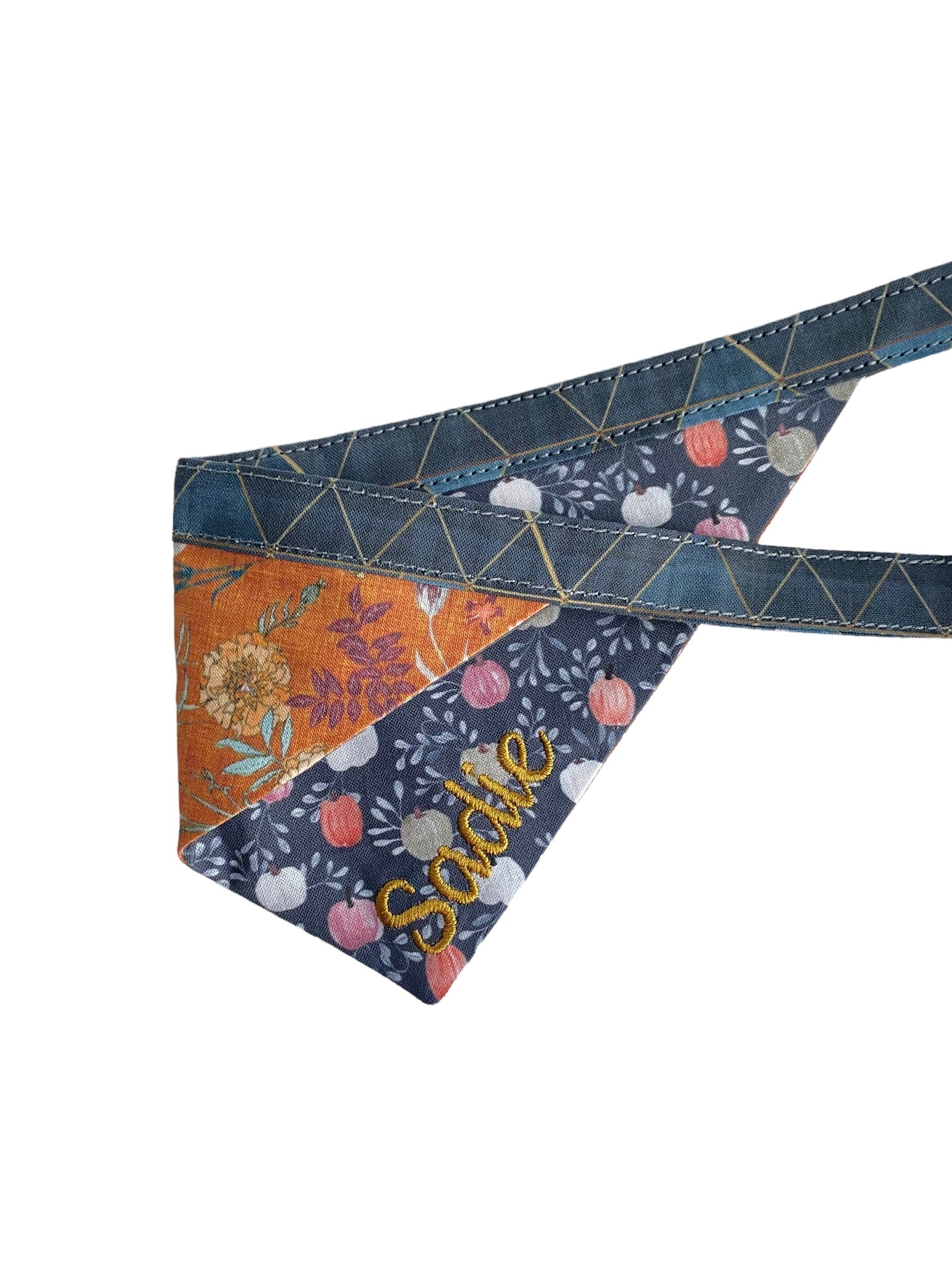 A personalized bandana by Duke & Fox is the perfect pet accessory that is customized with the pet's name. Bandanas that are double sided for more options. Farmhouse pumpkins dog bandana. Rustic floral embroidered dog bandana.