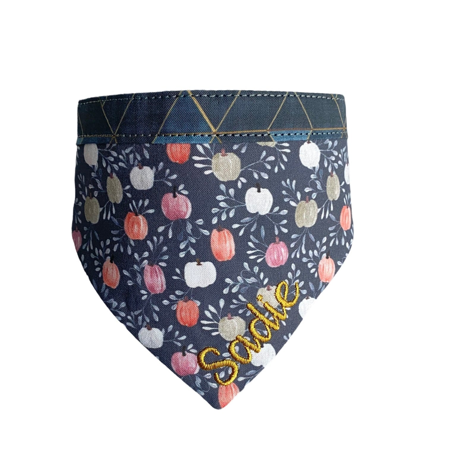 A personalized bandana by Duke & Fox is the perfect pet accessory that is customized with the pet's name. Bandanas that are double sided for more options. Farmhouse pumpkins embroidered dog bandana.