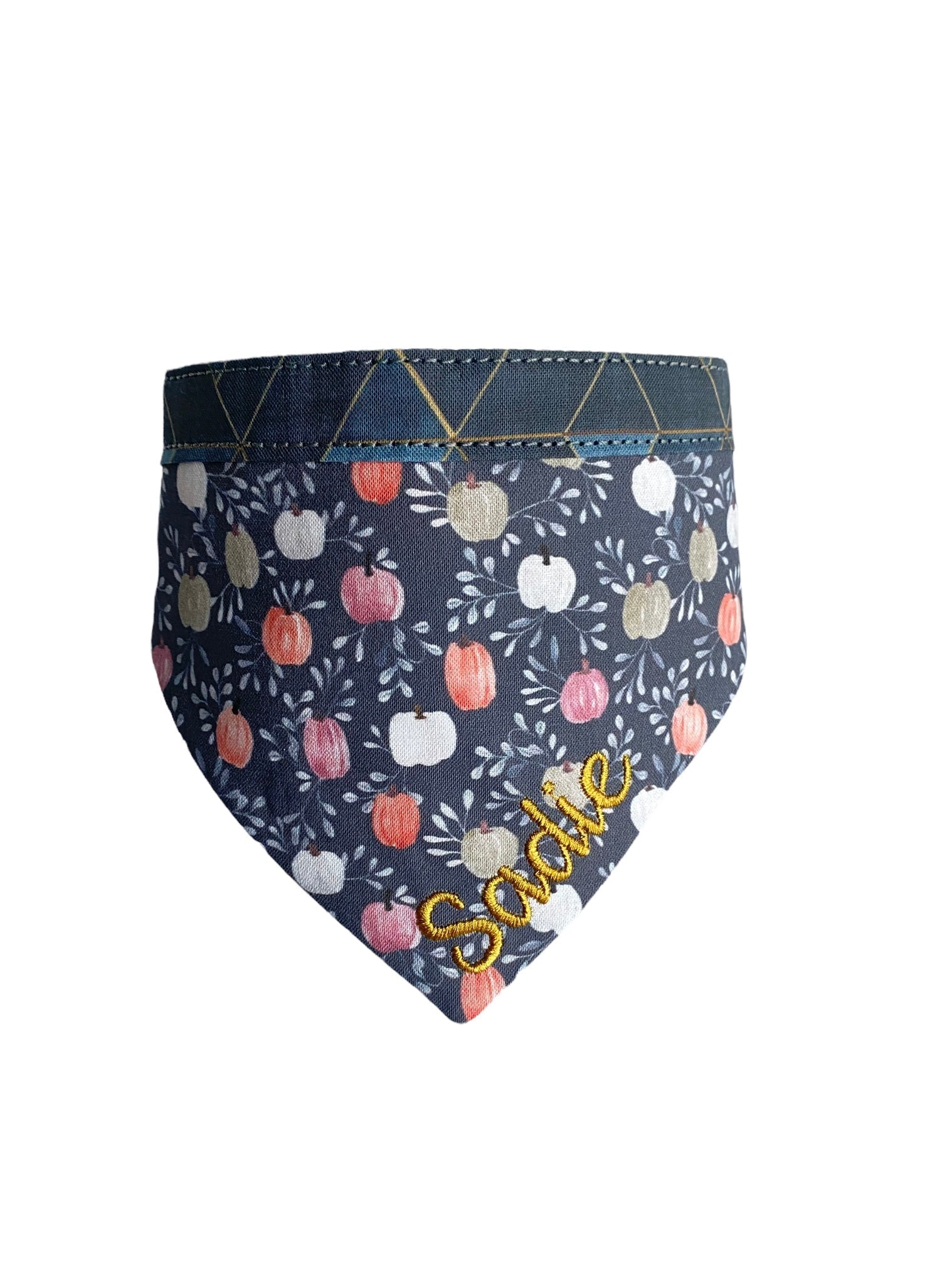 A personalized bandana by Duke & Fox is the perfect pet accessory that is customized with the pet's name. Bandanas that are double sided for more options. Farmhouse pumpkins embroidered dog bandana.
