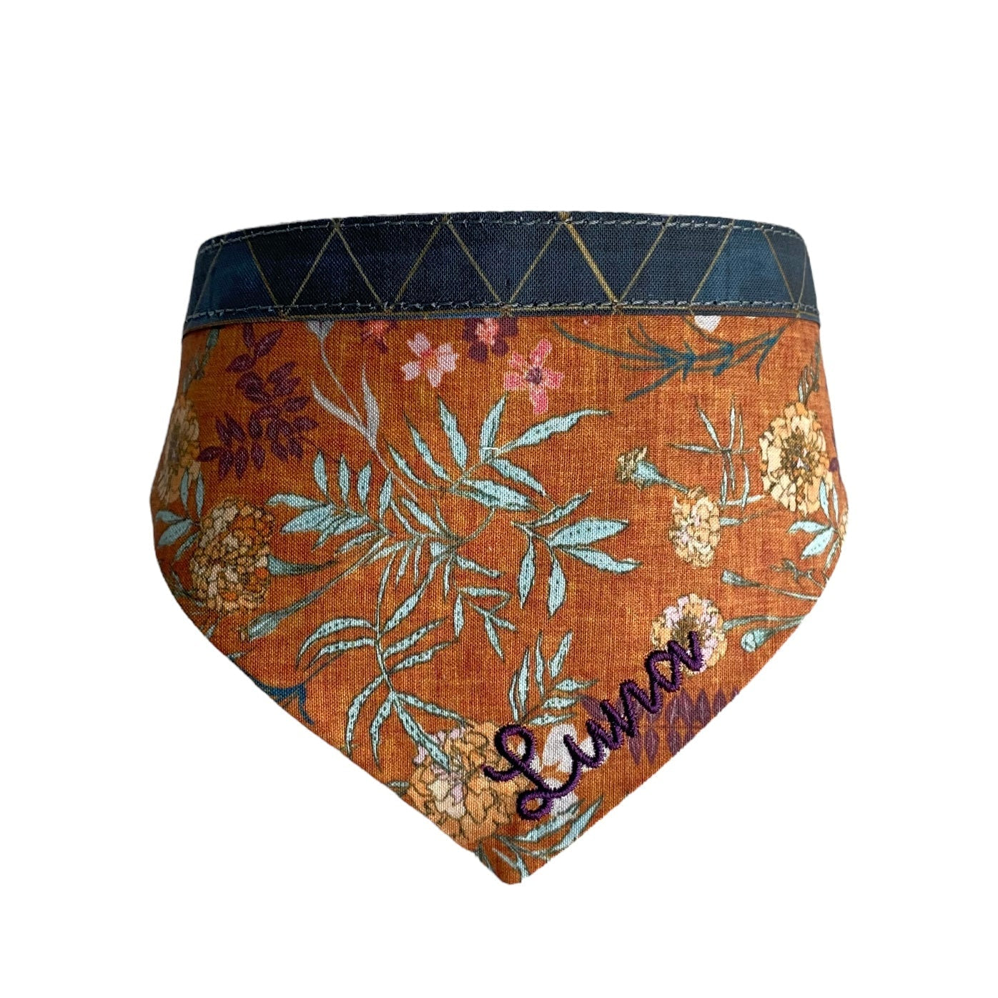 A personalized bandana by Duke & Fox is the perfect pet accessory that is customized with the pet's name. Bandanas that are double sided for more options. Rustic floral embroidered dog bandana.
