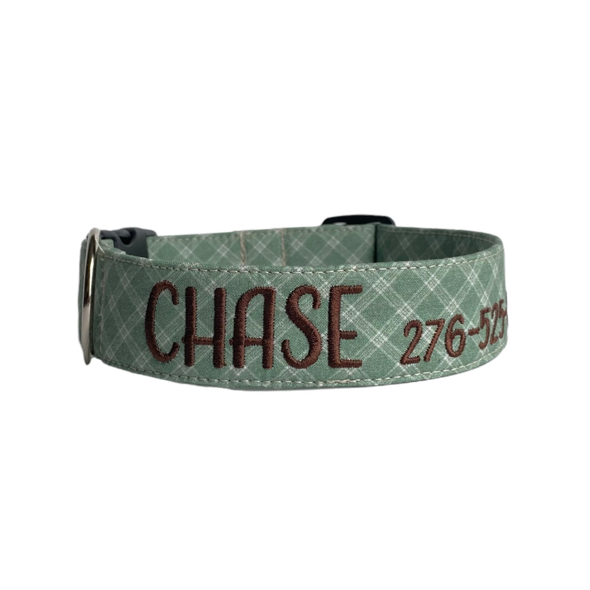 Whether choosing from a traditional dog collar, embroidered dog collar, or engraved buckle dog collar, you’ll find a great selection of personalized dog collars to choose from. Duke & Fox® personalized dog collars come in a variety of unique styles and patterns. Our embroidered collars and engraved buckle collars also add to your dog's safety and your peace of mind with critical contact information should you and your dog get separated. Sage plaid dog collar.
