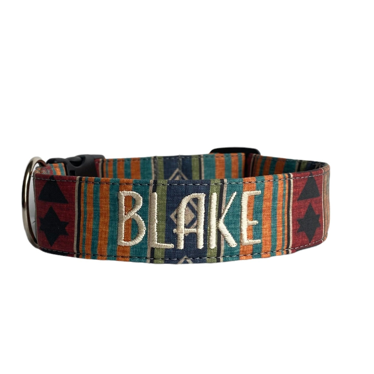 Whether choosing from a traditional dog collar, embroidered dog collar, or engraved buckle dog collar, you’ll find a great selection of personalized dog collars to choose from. Duke & Fox® personalized dog collars come in a variety of unique styles and patterns. Our embroidered collars and engraved buckle collars also add to your dog's safety and your peace of mind with critical contact information should you and your dog get separated. Fall southwest dog collar.