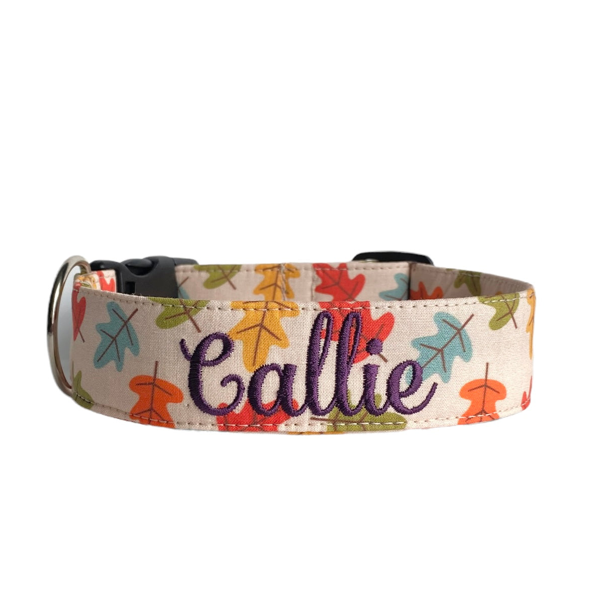 Whether choosing from a traditional dog collar, embroidered dog collar, or engraved buckle dog collar, youâll find a great selection of personalized dog collars to choose from. Duke & FoxÂŽ personalized dog collars come in a variety of unique styles and patterns. Our embroidered collars and engraved buckle collars also add to your dog's safety and your peace of mind with critical contact information should you and your dog get separated. Fall leaves dog collar.