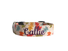 Whether choosing from a traditional dog collar, embroidered dog collar, or engraved buckle dog collar, you’ll find a great selection of personalized dog collars to choose from.  Duke & Fox® personalized dog collars come in a variety of unique styles and patterns. Our embroidered collars and engraved buckle collars also add to your dog's safety and your peace of mind with critical contact information should you and your dog get separated.  Fall leaves dog collar.