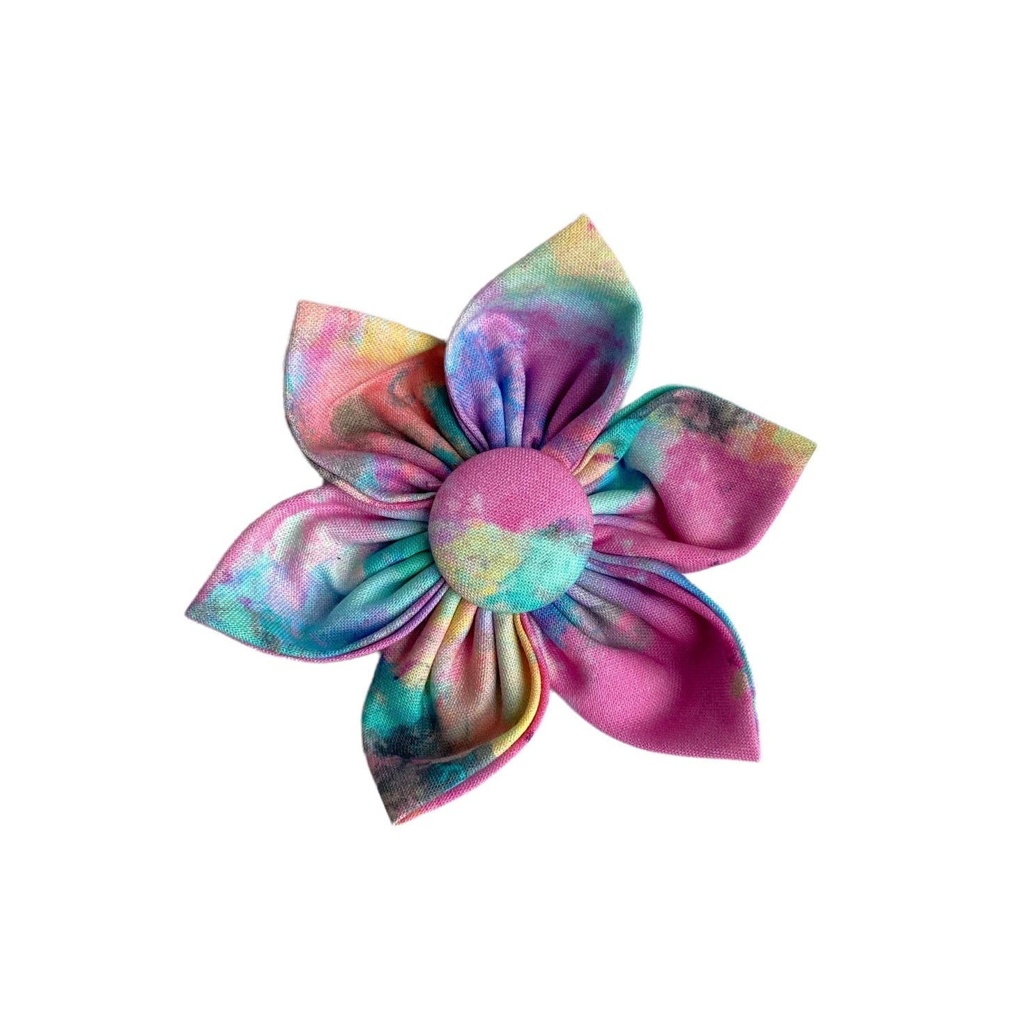 A flower designed to be put on your pups collar, featuring bold spring colors in a tie dye deign.