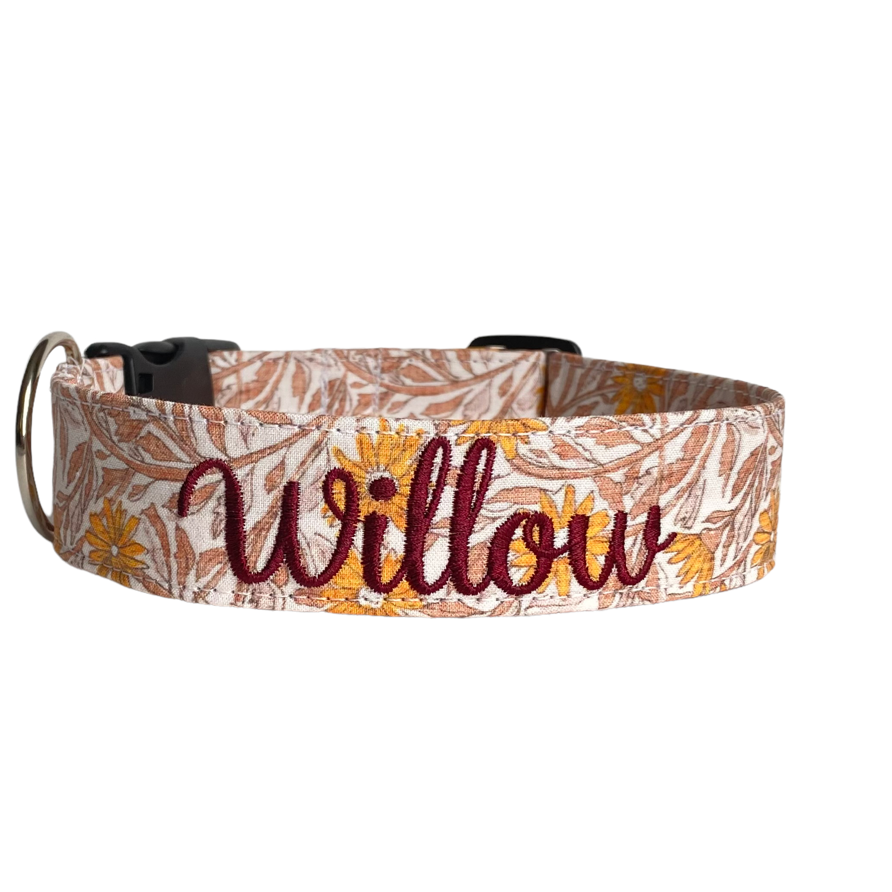 Whether choosing from a traditional dog collar, embroidered dog collar, or engraved buckle dog collar, you’ll find a great selection of personalized dog collars to choose from. Duke & Fox® personalized dog collars come in a variety of unique styles and patterns. Our embroidered collars and engraved buckle collars also add to your dog's safety and your peace of mind with critical contact information should you and your dog get separated. Daisies and vines dog collar.