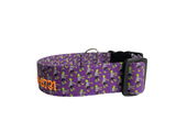 Zombie Dog Collar, purple dog collar with green zombies in tattered clothes. Dog collar with a neon orange embroidered name and phone number. Custom dog collar for halloween by Duke and Fox.