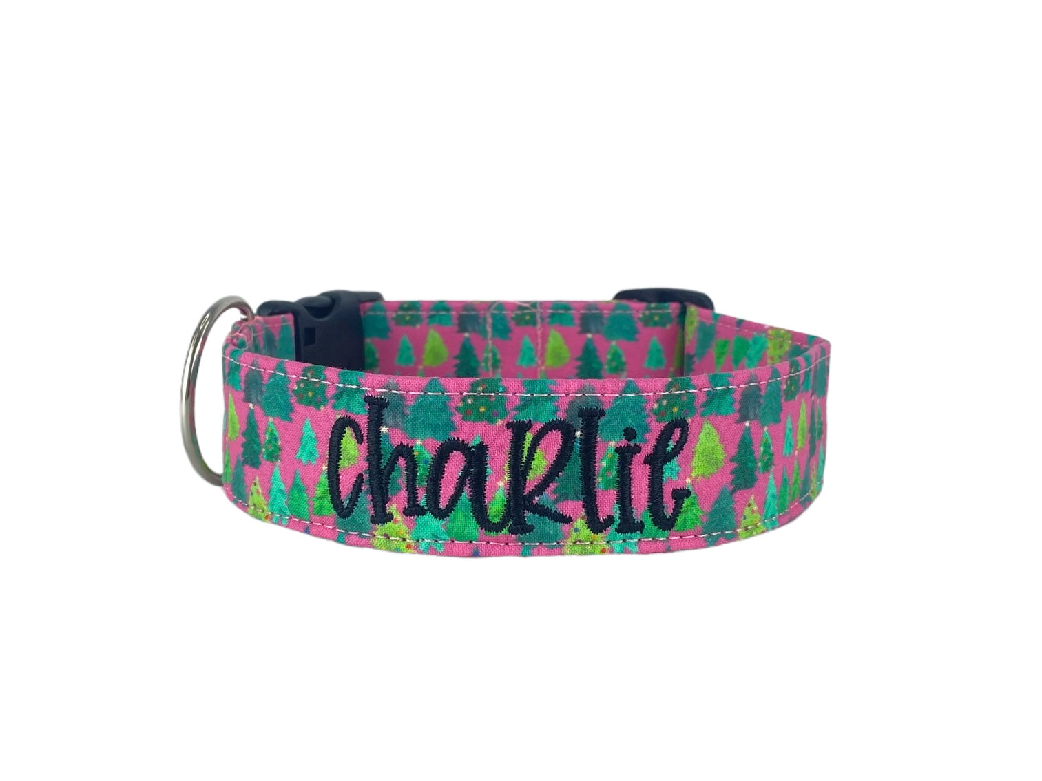 Make it a super girly, festive holiday with our hot pink Christmas tree dog collar! 