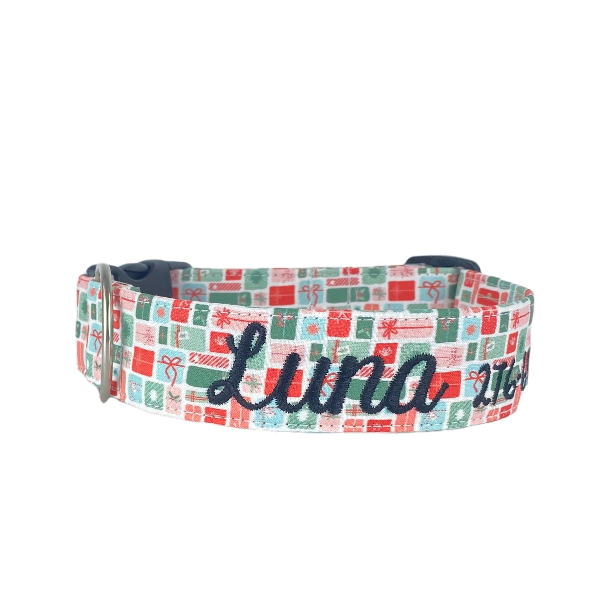 Whether choosing from a traditional dog collar, embroidered dog collar, or engraved buckle dog collar, you’ll find a great selection of personalized dog collars to choose from. Duke & Fox® personalized dog collars come in a variety of unique styles and patterns. Our embroidered collars and engraved buckle collars also add to your dog's safety and your peace of mind with critical contact information should you and your dog get separated. Christmas present dog collar.