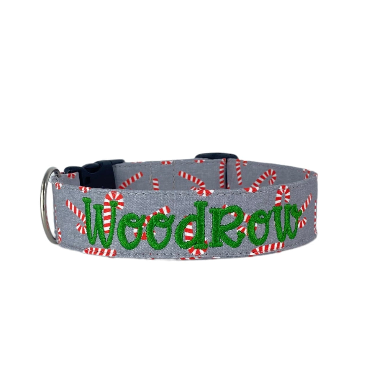 Whether choosing from a traditional dog collar, embroidered dog collar, or engraved buckle dog collar, you’ll find a great selection of personalized dog collars to choose from. Duke & Fox® personalized dog collars come in a variety of unique styles and patterns. Our embroidered collars and engraved buckle collars also add to your dog's safety and your peace of mind with critical contact information should you and your dog get separated. Christmas candy cane dog collar.
