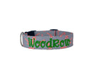 Whether choosing from a traditional dog collar, embroidered dog collar, or engraved buckle dog collar, you’ll find a great selection of personalized dog collars to choose from.  Duke & Fox® personalized dog collars come in a variety of unique styles and patterns. Our embroidered collars and engraved buckle collars also add to your dog's safety and your peace of mind with critical contact information should you and your dog get separated.  Christmas candy cane dog collar.