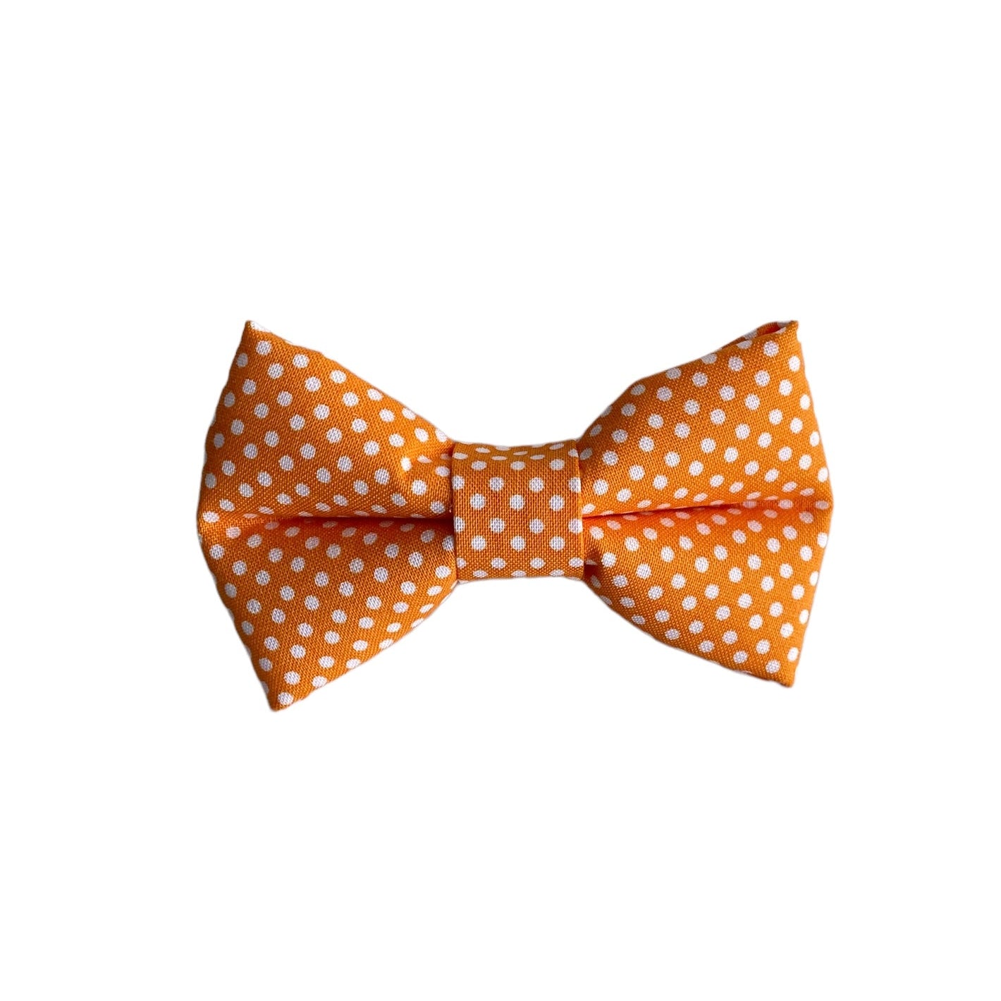 Custom bowties that will add style to any dog. You'll find a great variety of patterns that will match or complement any dog collar. Three different sizes available.  Orange polka dot bowtie.