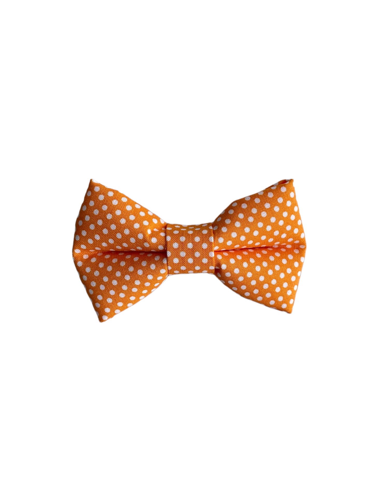 Custom bowties that will add style to any dog. You'll find a great variety of patterns that will match or complement any dog collar. Three different sizes available.  Orange polka dot bowtie.