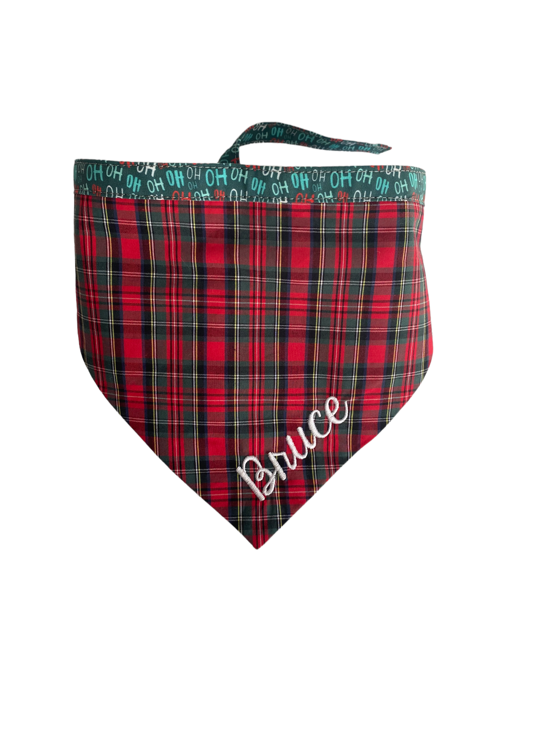 A personalized bandana by Duke & Fox is the perfect pet accessory that is customized with the pet's name. Bandanas that are double sided for more options. Buffalo plaid embroidered dog bandana.