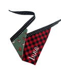 A personalized bandana by Duke & Fox is the perfect pet accessory that is customized with the pet's name. Bandanas that are double sided for more options. Buffalo plaid embroidered dog bandana. Christmas chicken embroiderd dog bandana. 