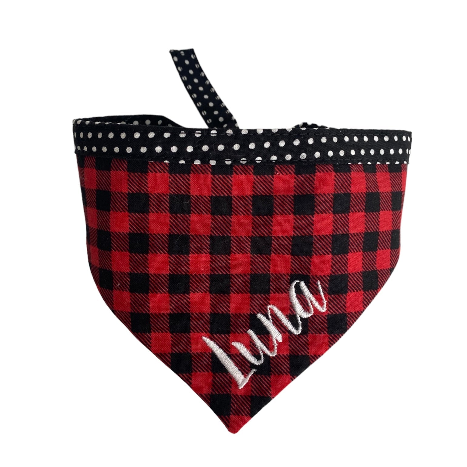 A personalized bandana by Duke & Fox is the perfect pet accessory that is customized with the pet's name. Bandanas that are double sided for more options. Buffalo plaid embroidered dog bandana.