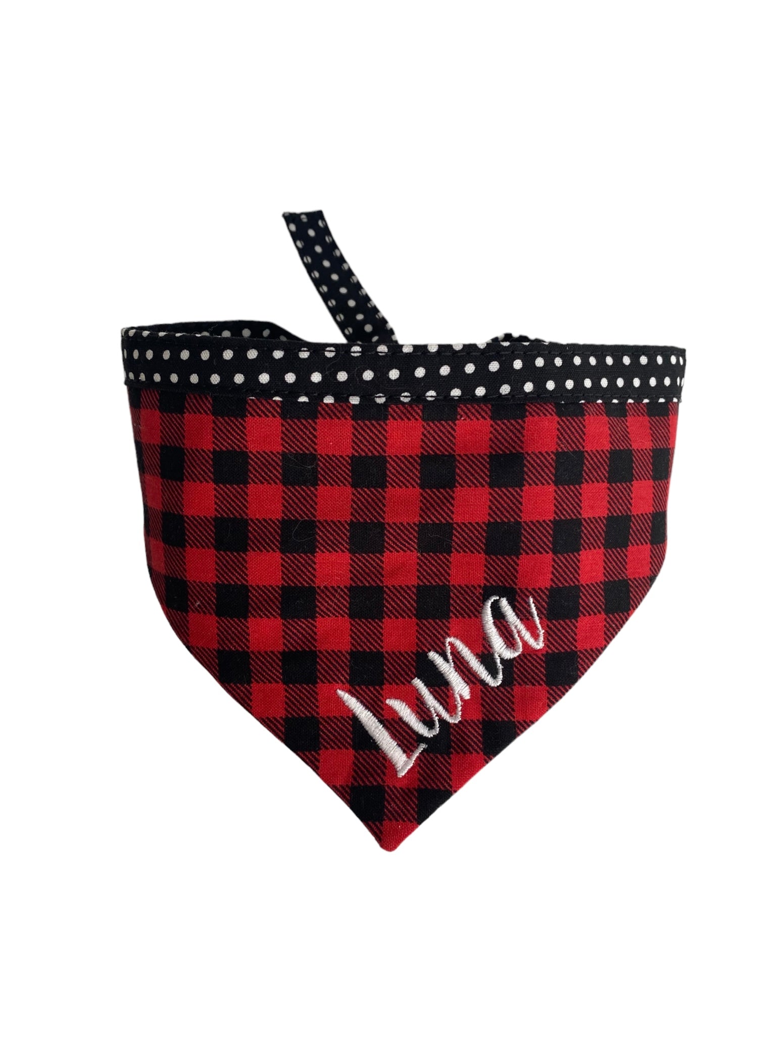 A personalized bandana by Duke & Fox is the perfect pet accessory that is customized with the pet's name. Bandanas that are double sided for more options. Buffalo plaid embroidered dog bandana.
