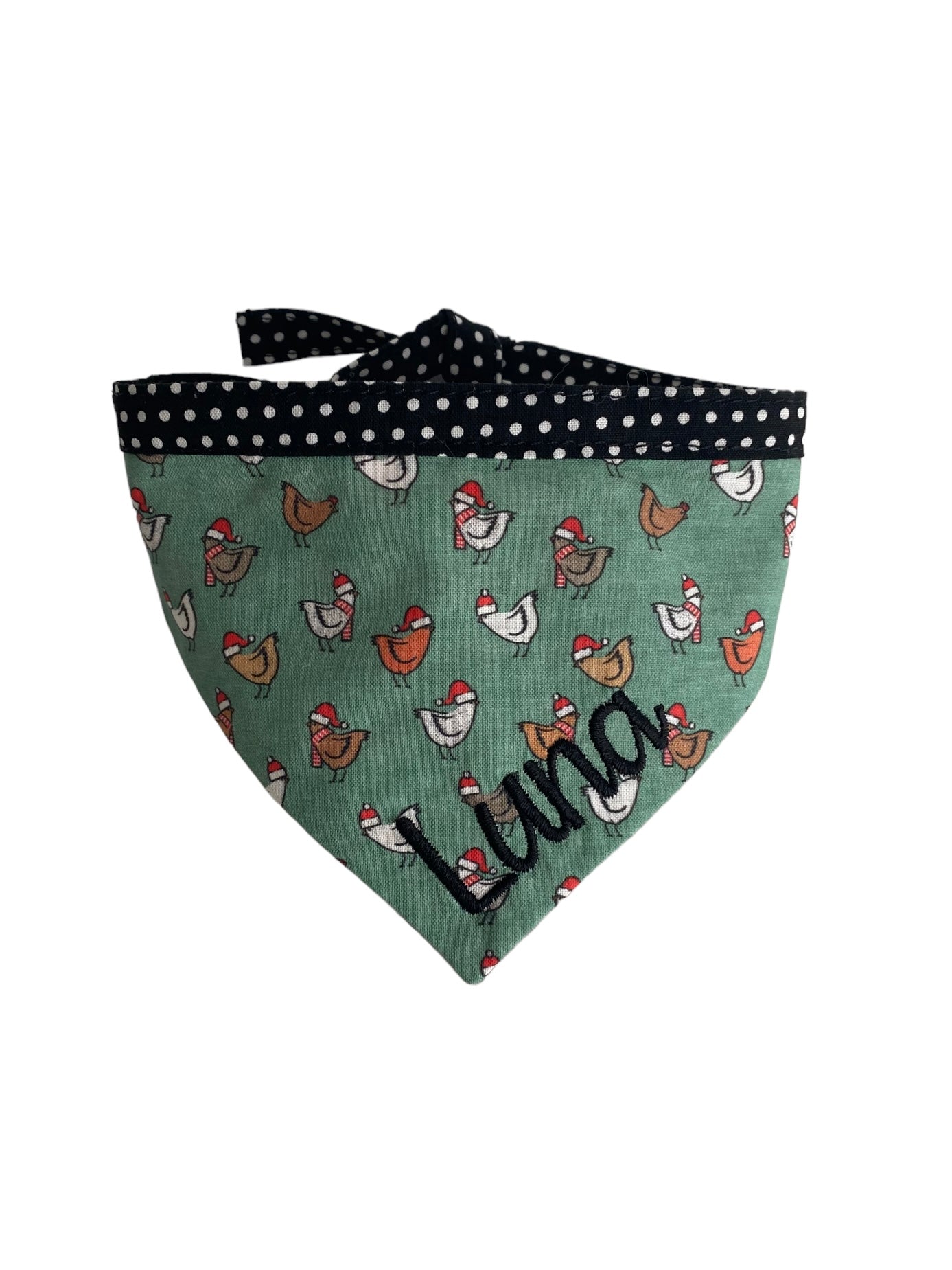 A personalized bandana by Duke & Fox is the perfect pet accessory that is customized with the pet's name. Bandanas that are double sided for more options. Christmas chickens embroidered dog bandana.