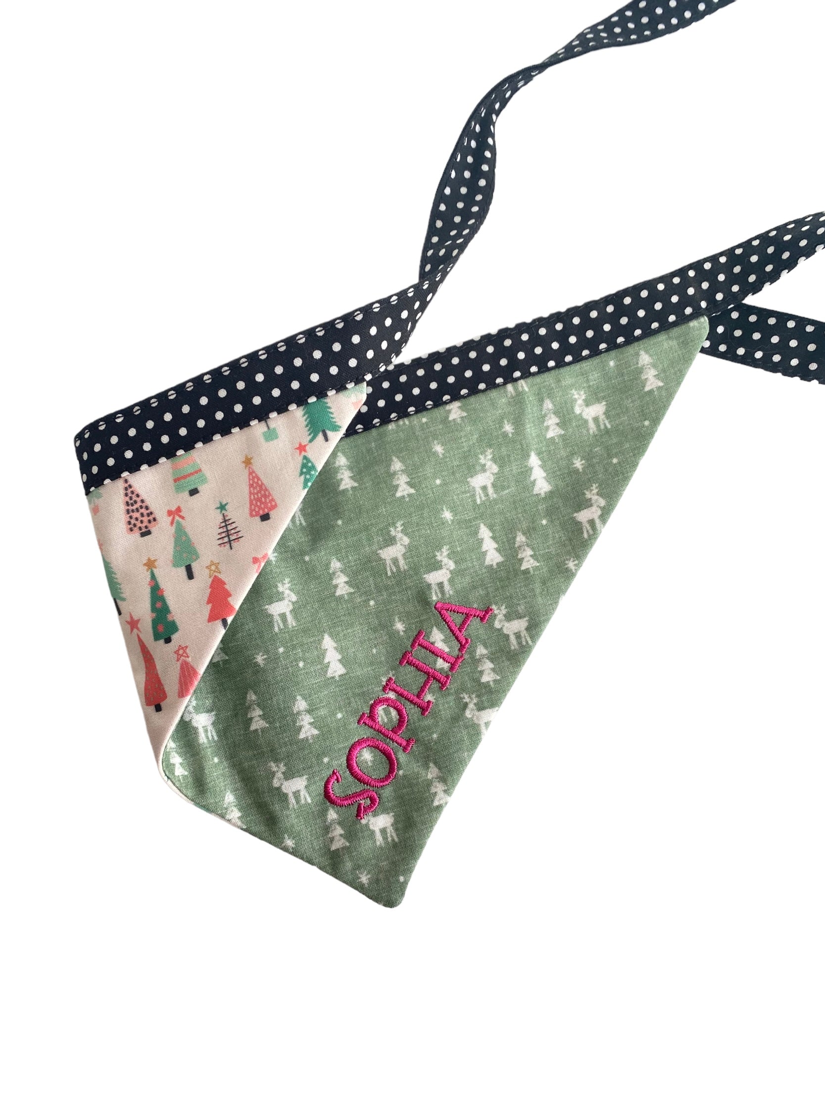 A personalized bandana by Duke & Fox is the perfect pet accessory that is customized with the pet's name. Bandanas that are double sided for more options. Reindeer embroidered dog bandana. Christmas pink trees embroidered dog bandana.