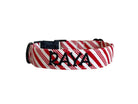 Whether choosing from a traditional dog collar, embroidered dog collar, or engraved buckle dog collar, you’ll find a great selection of personalized dog collars to choose from.  Duke & Fox® personalized dog collars come in a variety of unique styles and patterns. Our embroidered collars and engraved buckle collars also add to your dog's safety and your peace of mind with critical contact information should you and your dog get separated.  Christmas candy cane dog collar.