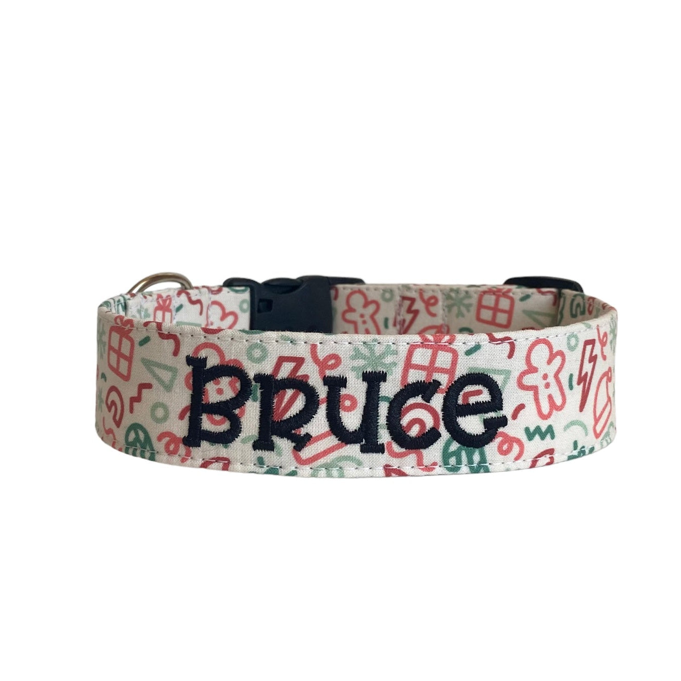Whether choosing from a traditional dog collar, embroidered dog collar, or engraved buckle dog collar, you’ll find a great selection of personalized dog collars to choose from. Duke & Fox® personalized dog collars come in a variety of unique styles and patterns. Our embroidered collars and engraved buckle collars also add to your dog's safety and your peace of mind with critical contact information should you and your dog get separated. Christmas doodle dog collar.