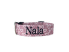 Personalized Valetine's Day Dog Collar by Duke & Fox. A dusty rose colored dog collar with white hearts and an embroidered name in black thread. Duke & Fox personalized dog collars can be embroidered and/or offered with an engraved buckle in many color choices.