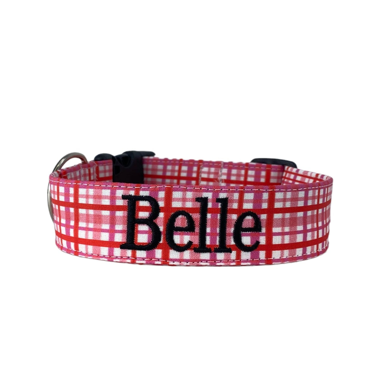 Whether choosing from a traditional dog collar, embroidered dog collar, or engraved buckle dog collar, you’ll find a great selection of personalized dog collars to choose from. Duke & Fox® personalized dog collars come in a variety of unique styles and patterns. Our embroidered collars and engraved buckle collars also add to your dog's safety and your peace of mind with critical contact information should you and your dog get separated. Valentine's Day pink plaid dog collar.