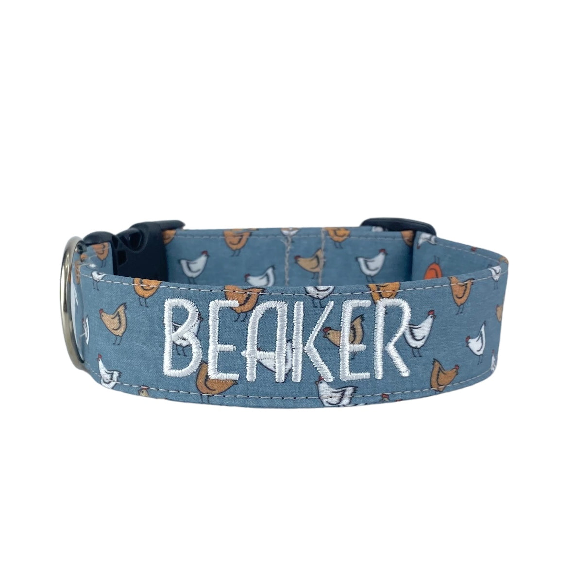 Whether choosing from a traditional dog collar, embroidered dog collar, or engraved buckle dog collar, you’ll find a great selection of personalized dog collars to choose from. Duke & Fox® personalized dog collars come in a variety of unique styles and patterns. Our embroidered collars and engraved buckle collars also add to your dog's safety and your peace of mind with critical contact information should you and your dog get separated. Chicken dog collar.