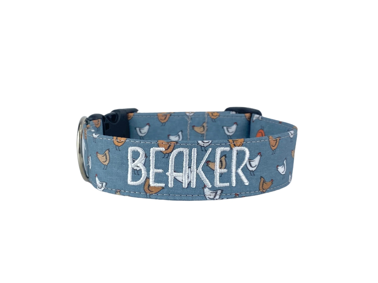 Whether choosing from a traditional dog collar, embroidered dog collar, or engraved buckle dog collar, you’ll find a great selection of personalized dog collars to choose from. Duke & Fox® personalized dog collars come in a variety of unique styles and patterns. Our embroidered collars and engraved buckle collars also add to your dog's safety and your peace of mind with critical contact information should you and your dog get separated. Chicken dog collar.