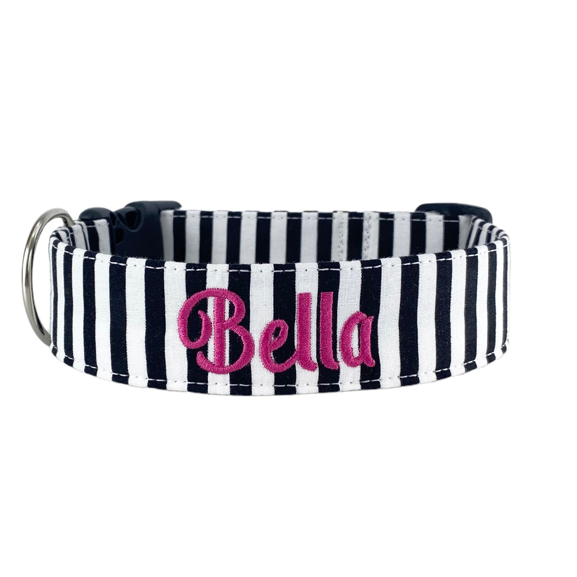 Whether choosing from a traditional dog collar, embroidered dog collar, or engraved buckle dog collar, you’ll find a great selection of personalized dog collars to choose from.  Duke & Fox® personalized dog collars come in a variety of unique styles and patterns. Our embroidered collars and engraved buckle collars also add to your dog's safety and your peace of mind with critical contact information should you and your dog get separated.  Black and white stripe personalized dog collar.
