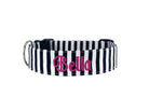 Whether choosing from a traditional dog collar, embroidered dog collar, or engraved buckle dog collar, you’ll find a great selection of personalized dog collars to choose from.  Duke & Fox® personalized dog collars come in a variety of unique styles and patterns. Our embroidered collars and engraved buckle collars also add to your dog's safety and your peace of mind with critical contact information should you and your dog get separated.  Black and white stripe personalized dog collar.