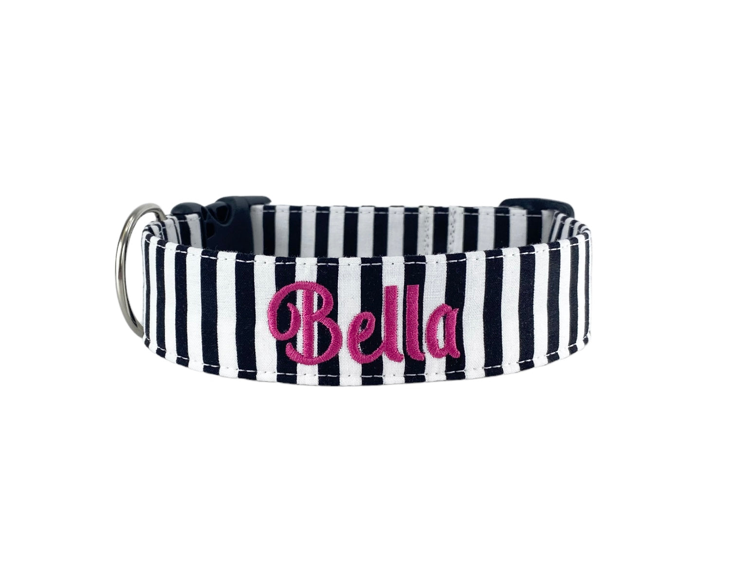 Whether choosing from a traditional dog collar, embroidered dog collar, or engraved buckle dog collar, you’ll find a great selection of personalized dog collars to choose from.  Duke & Fox® personalized dog collars come in a variety of unique styles and patterns. Our embroidered collars and engraved buckle collars also add to your dog's safety and your peace of mind with critical contact information should you and your dog get separated.  Black and white stripe personalized dog collar.