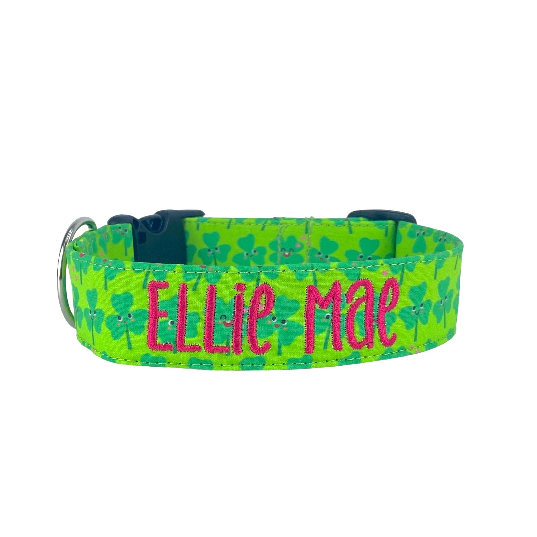 Duke & Fox personalized dog collar. Green collar with smiling shamrocks and an embroidered name in pink thread. St. Patrick's day dog collar. Customize your dog collar with Duke & Fox.