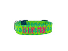 Duke & Fox personalized dog collar. Green collar with smiling shamrocks and an embroidered name in pink thread. St. Patrick's day dog collar. Customize your dog collar with Duke & Fox.