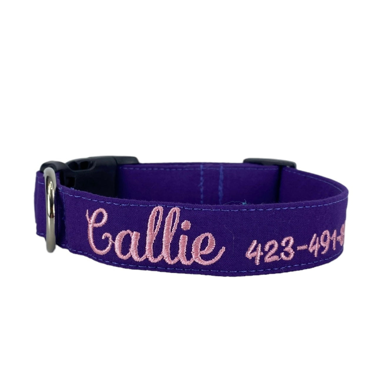 Whether choosing from a traditional dog collar, embroidered dog collar, or engraved buckle dog collar, you’ll find a great selection of personalized dog collars to choose from. Duke & Fox® personalized dog collars come in a variety of unique styles and patterns. Our embroidered collars and engraved buckle collars also add to your dog's safety and your peace of mind with critical contact information should you and your dog get separated. Solid purple embroidered dog collar.