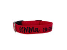 A plain red dog collar showcasing the name Gemma embroidered on the side.