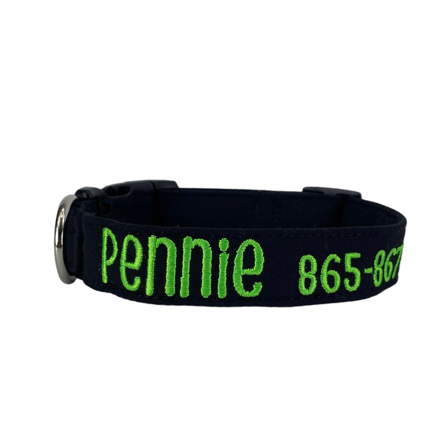 Whether choosing from a traditional dog collar, embroidered dog collar, or engraved buckle dog collar, you’ll find a great selection of personalized dog collars to choose from.  Duke & Fox® personalized dog collars come in a variety of unique styles and patterns. Our embroidered collars and engraved buckle collars also add to your dog's safety and your peace of mind with critical contact information should you and your dog get separated.  Solid black embroidered dog collar.